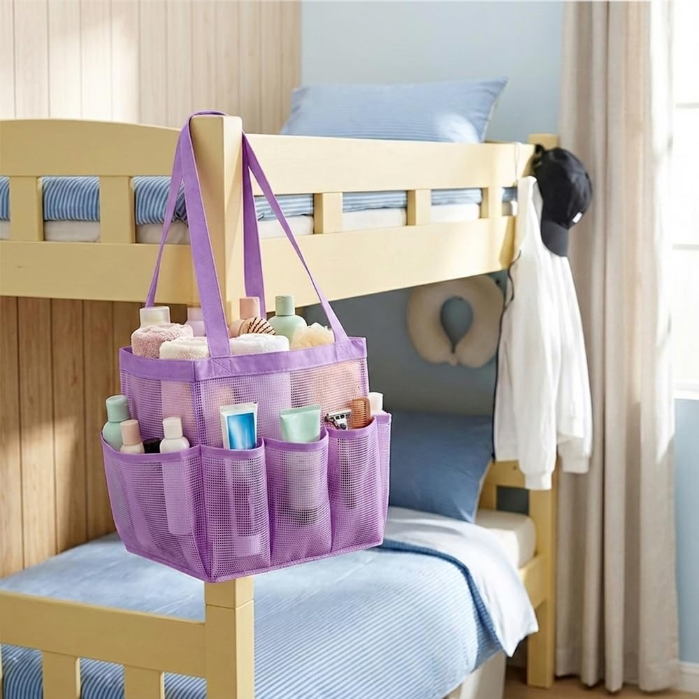 Mesh Shower Caddy Portable for College Dorm Room Essentials, Large Foldable Camp Travel Shower Bag with 9 Pockets, Quick Dry Bathroom Toiletry Tote Bag for Beach Swimming Gym Women Men (Purple)