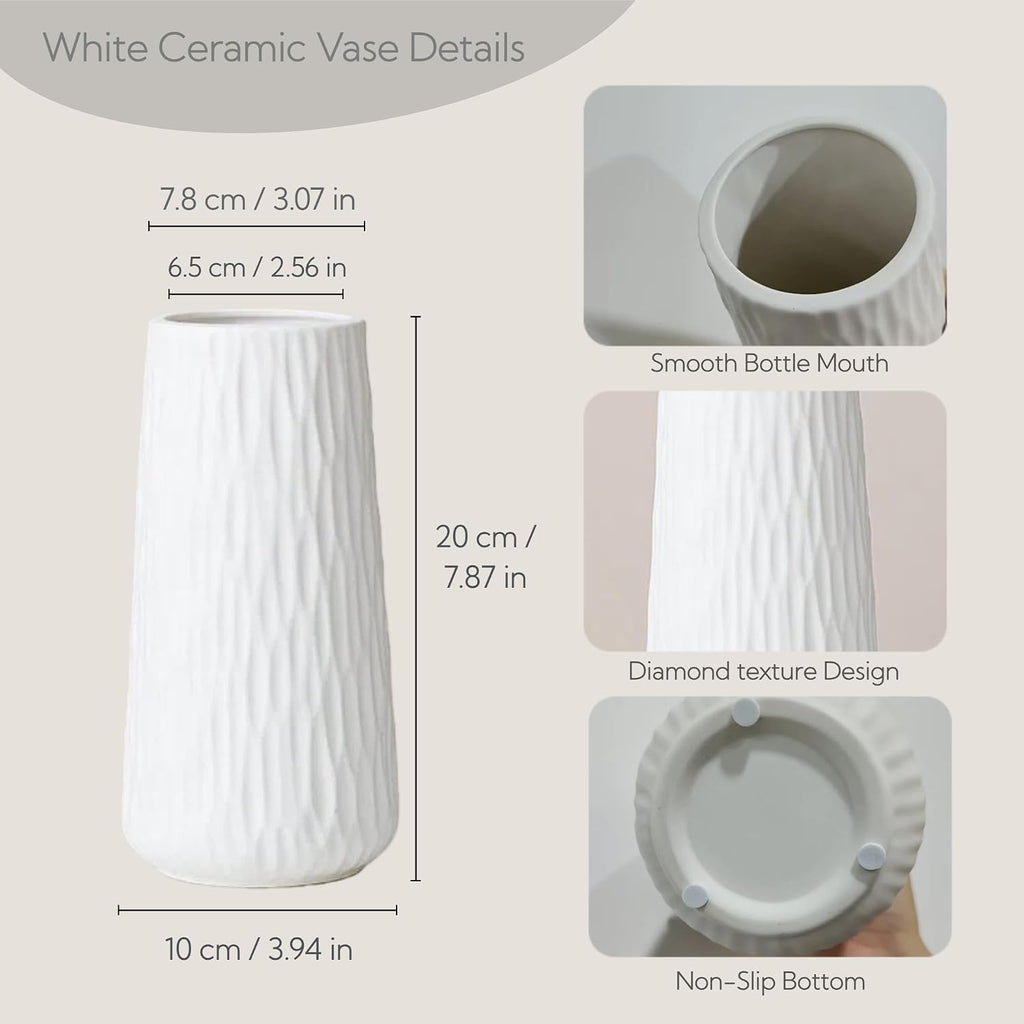7.87" Ceramic Vase, Flower Vase, Ceramic Vase for Flowers, Vase for Dining Room, Bed Room, Reading Room, Office Decor (White1)