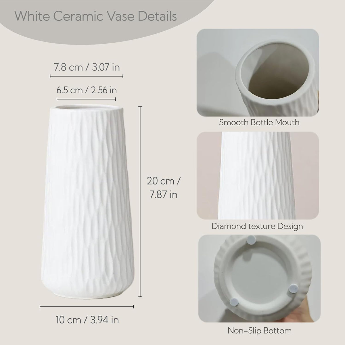 7.87" Ceramic Vase, Flower Vase, Ceramic Vase for Flowers, Vase for Dining Room, Bed Room, Reading Room, Office Decor (White1)