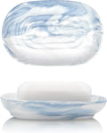Blue Ceramic Soap Dish for Shower with Unique Marble Pattern, Decorative Bar Soap Holder for Bathroom & Kitchen, Easy Clean Versatile Cute Oval Soap Dishes for Soap Bars, Jewelry, Sponge