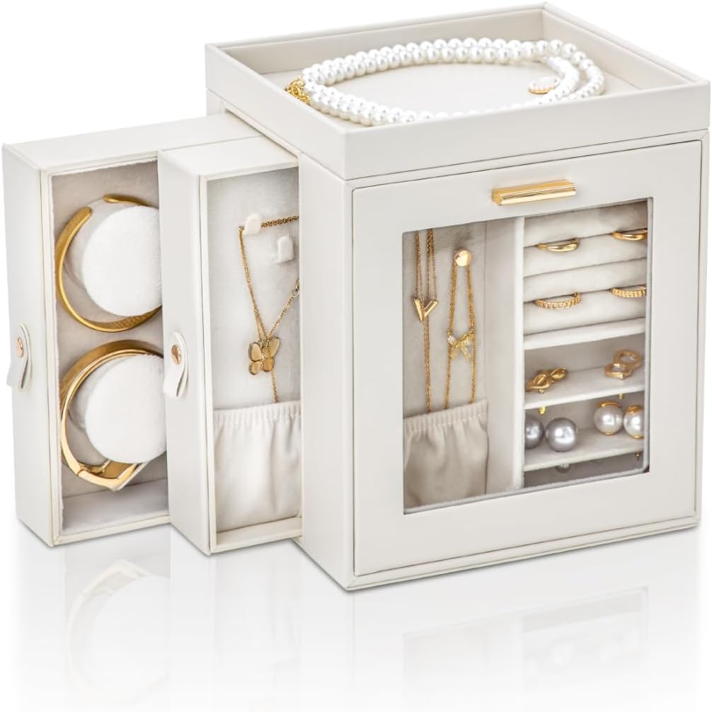CASEGRACE 360°Rotating Jewelry Box Open Design Vertical Organizer with Glass Window Large Jewelry Display Storage Case Perfect for daily use at home or as a gift for women