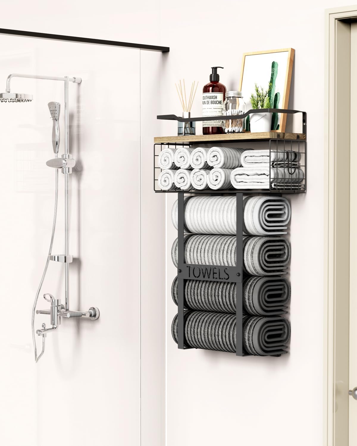 Towel Racks for Bathroom Wall Mounted - Bath Wall Towel Holder Set Above Toilet Storage, Rolled Towel Shelf Organizer for Small Bathroom, Wood Vertical Towel Rack for Bathroom Wall Decor