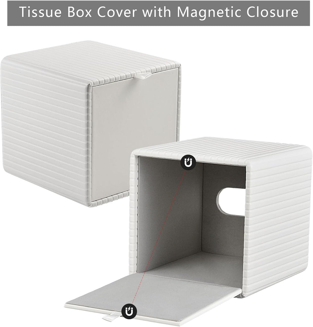 PU Leather Tissue Box Cover Square Tissue Box Holder for Bathroom Vanity Countertop Night Stands Bedroom Office Desk,Modern Tissue Decorative Organizer with Magnetic Closure,Cream