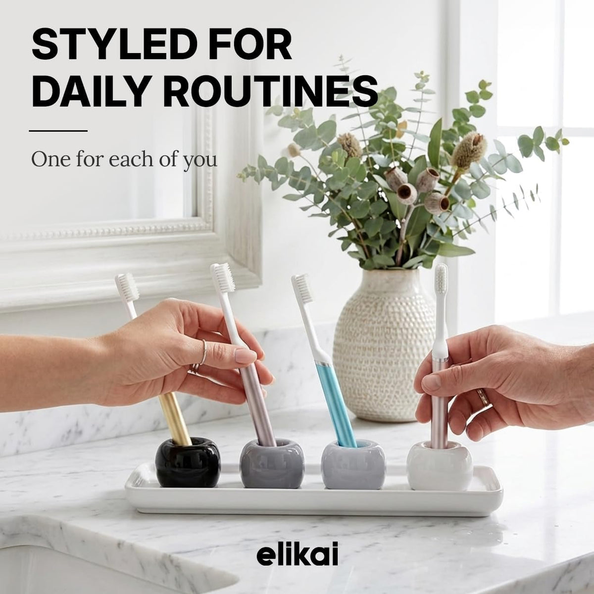 ELIKAI Ceramic Toothbrush Holders with Bathroom Tray, Countertop Organizer for Toothbrushes and Accessories, Hygienic Individual Holder Set (Black, Grey & White, 4 Holders)