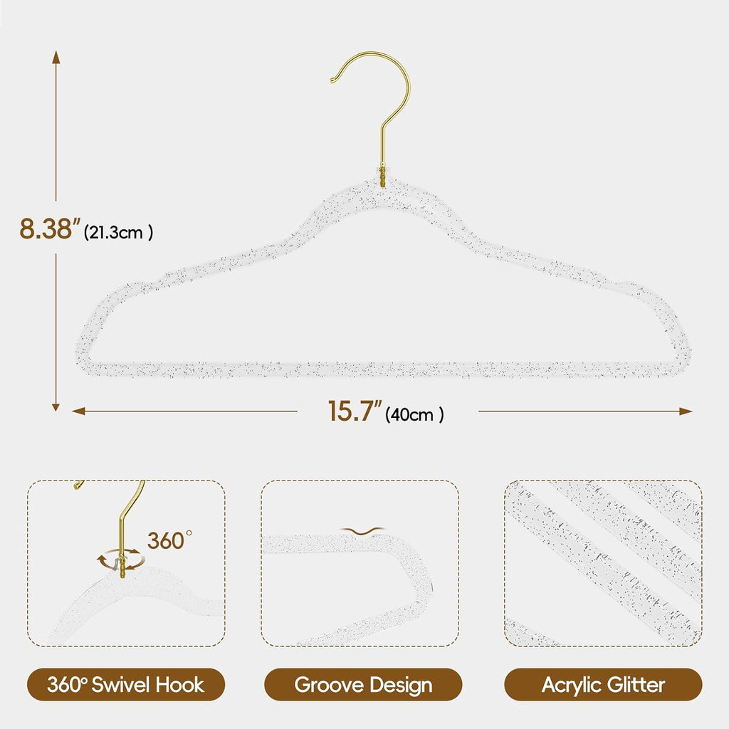 50 Pack Clear Acrylic Hangers with Silver Glitter, Space Saving