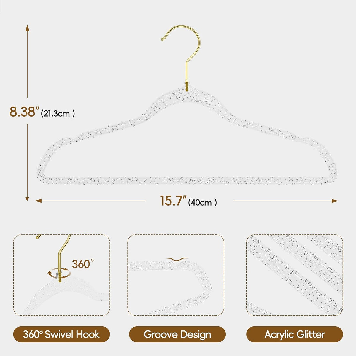 50 Pack Clear Acrylic Hangers with Silver Glitter, Space Saving