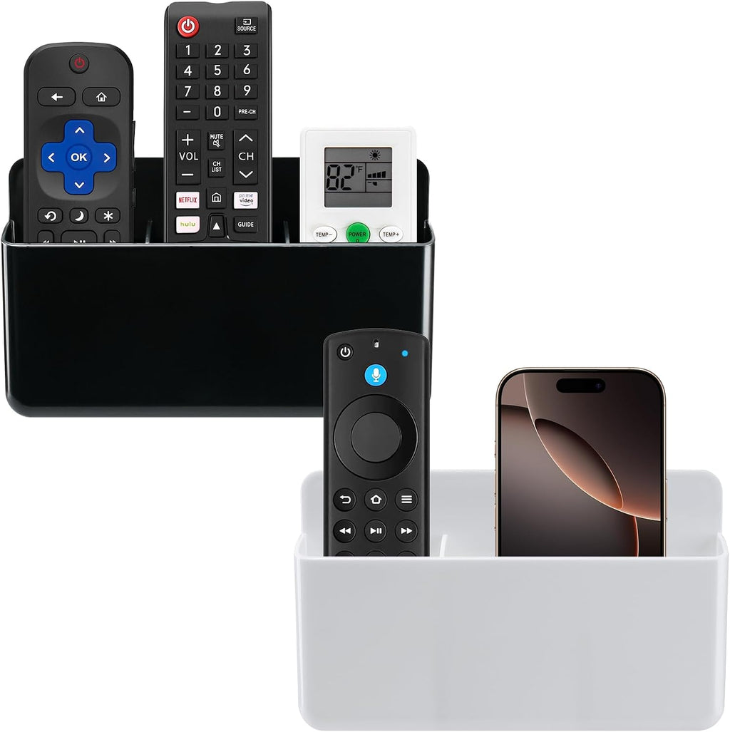 2Pcs Remote Control Holder Wall Mount, TV Remote Caddy Box Hollow Bottom Slot Easy Phone Charging, Self Adhesive Remote Holder,Wall Pen Holder Storage Accessories for Home Office School (White&Black)