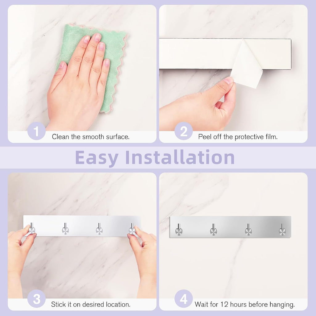 VIS'V Key Holder Wall Mount, Large Adhesive Key Hanger with 4 Hooks, Silver