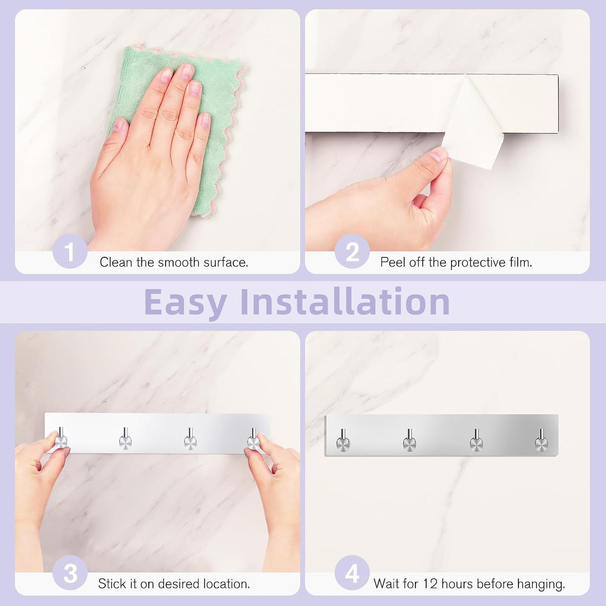 VIS'V Key Holder Wall Mount, Large Adhesive Key Hanger with 4 Hooks, Silver