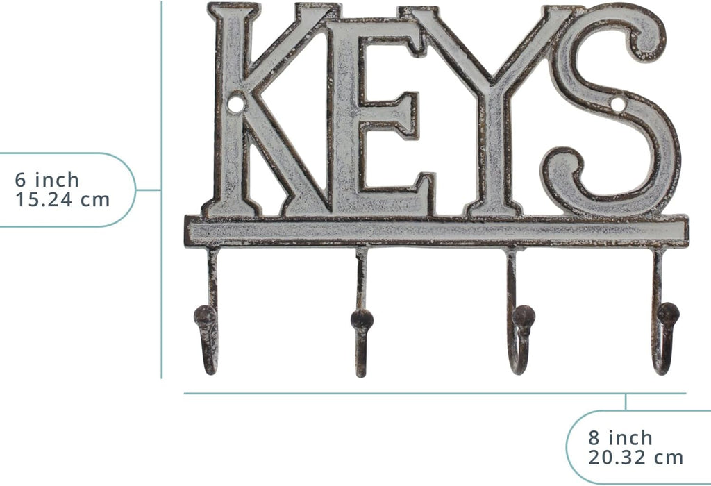 Comfify White Cast Iron Key Holder for Wall – Keys Sign with 4 Hooks