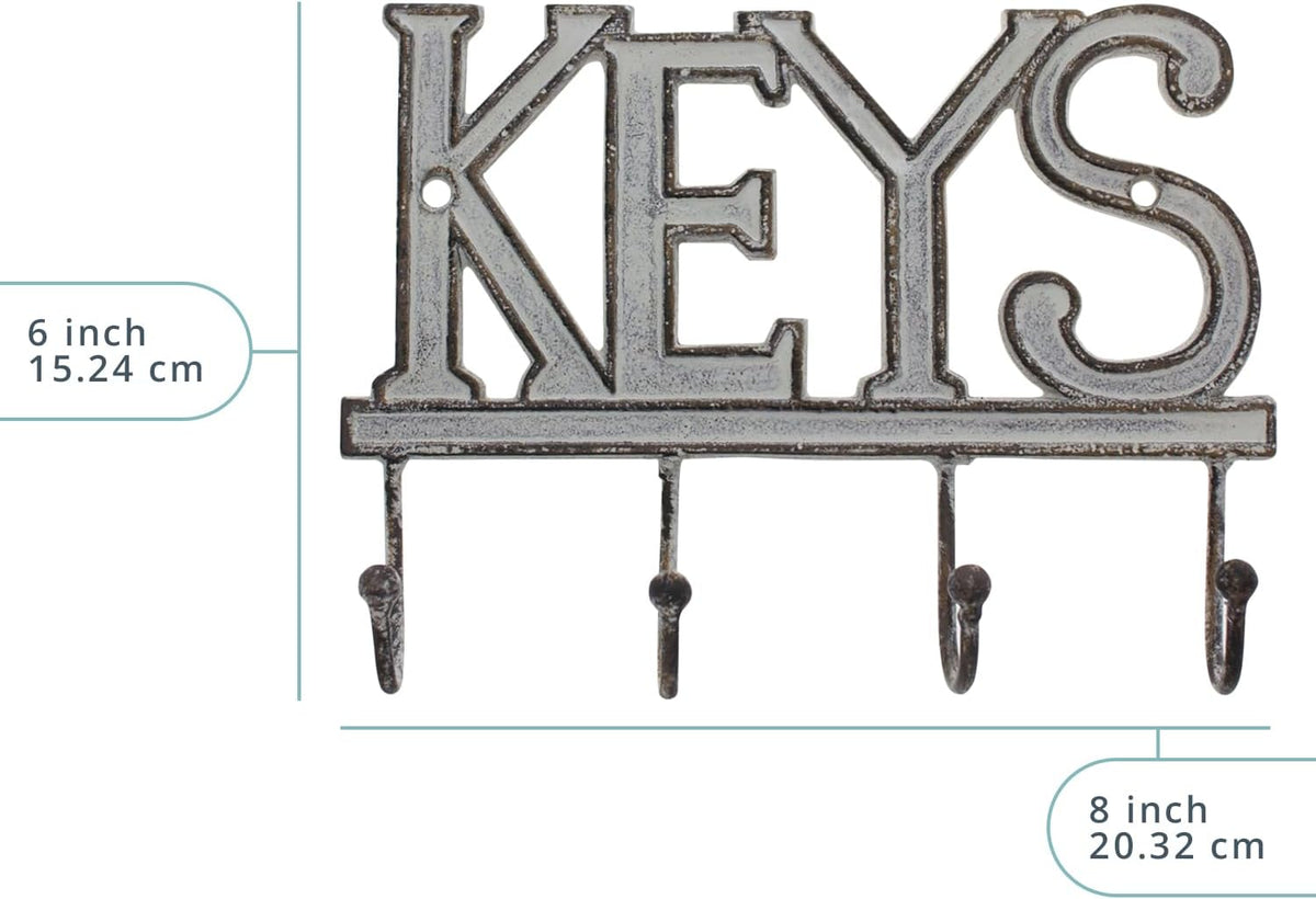 Comfify White Cast Iron Key Holder for Wall – Keys Sign with 4 Hooks