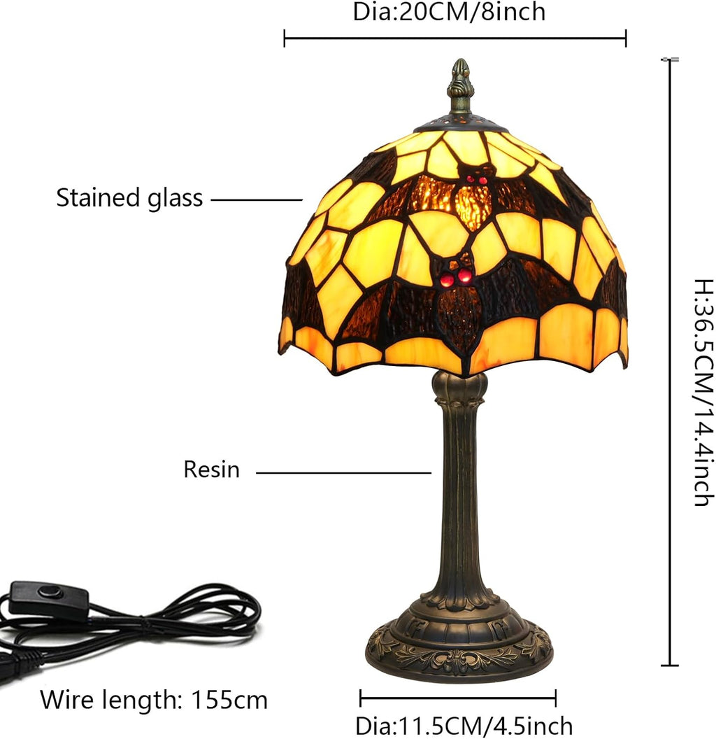 Tiffany Lamp Halloween Black Bat Stained Glass Table Lamp Handmade Bedside Table Night Unique Cute Accent Nightstand Light Antique Art Craft Gifts for Home Office Dormitory Bar Decorate