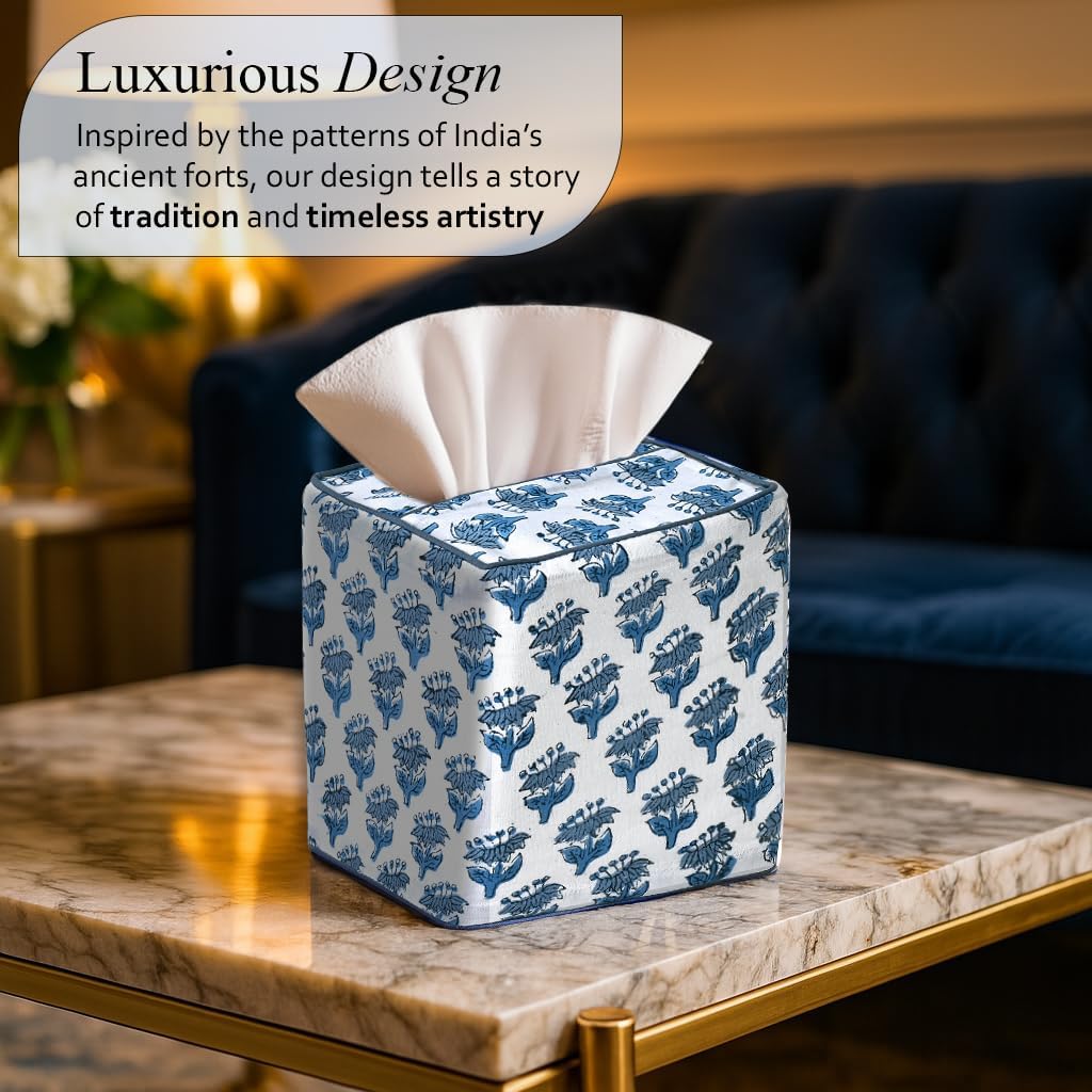 CPC 100% Cotton Piping Block Print Tissue Box Cover, Apatite Blue