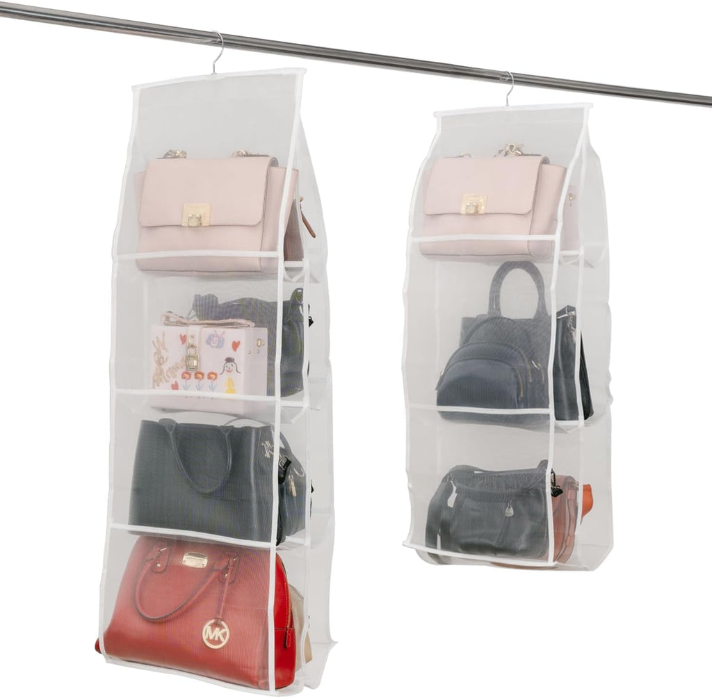 Hanging Purse Organizer for Closet Handbags Storage 2 Pack 8 Pockets and 6 Pockets Purse Organizer with Metal Hooks - White Nylon