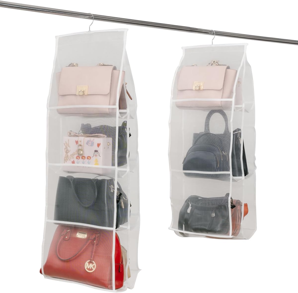 Hanging Purse Organizer for Closet Handbags Storage 2 Pack 8 Pockets and 6 Pockets Purse Organizer with Metal Hooks - White Nylon