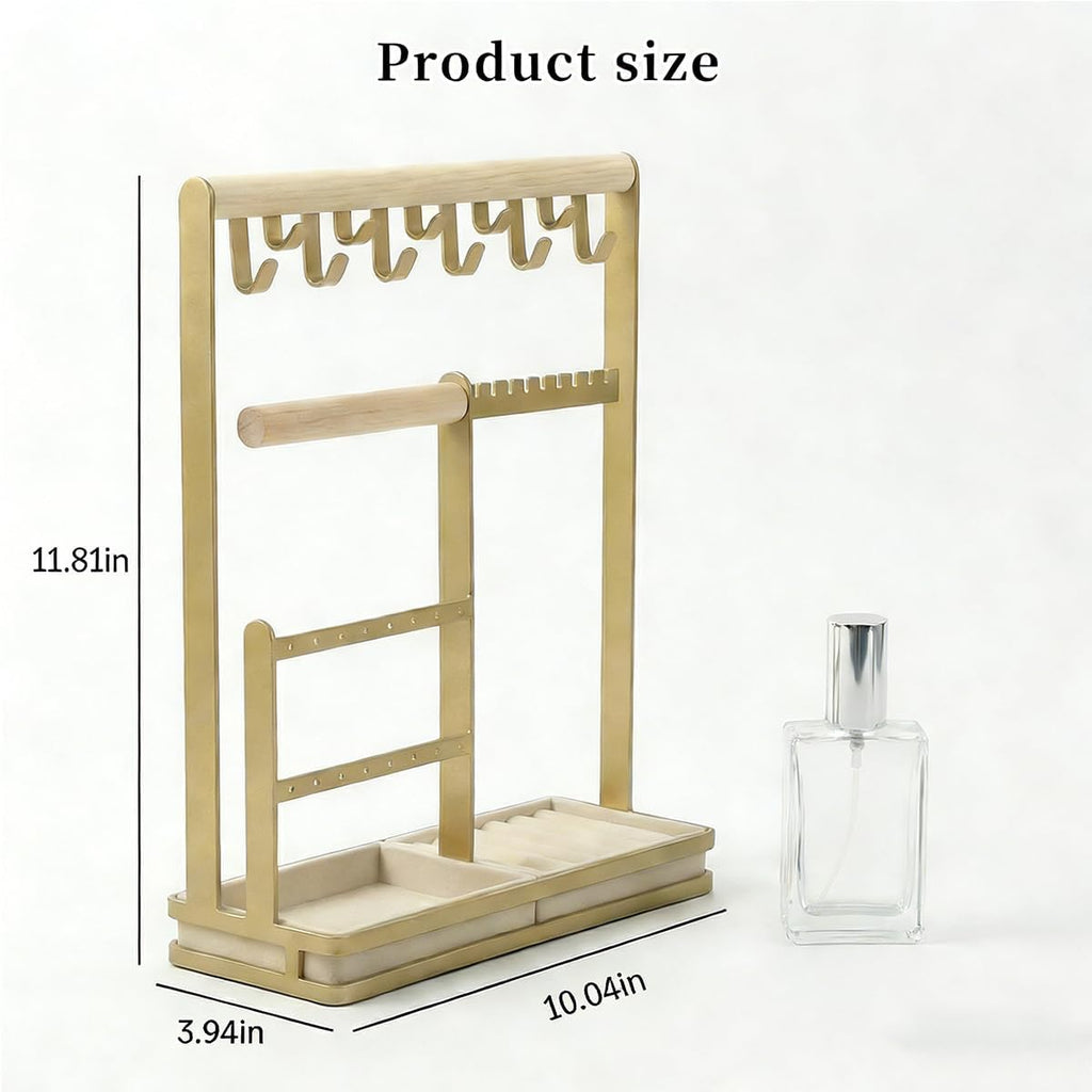 Jewelry Stand Holder Organizer, 4-Tier Necklace Holder with Ring Tray, 11 Hooks Display Storage Tower for Bracelets, Earrings, Watches (White)