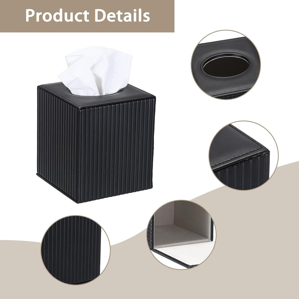 Sumnacon PU Leather Tissue Box Cover Modern Square Tissue Box Holder with Magnetic Closure Decorative Tissue Dispenser Stripes Textured Tissue Holder for Bathroom Car Home Office, Black