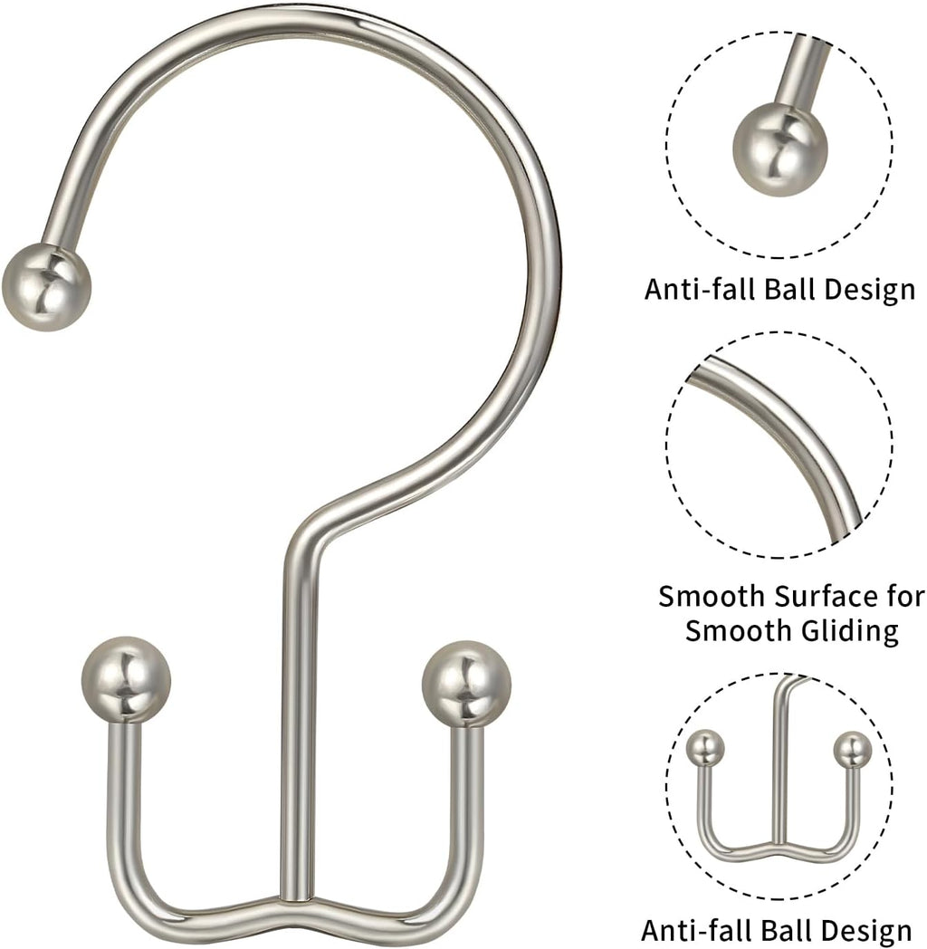 CHICTIE Nickel Shower Curtain Hooks, Double Shower Curtain Rings, Stainless Steel Shower Curtain Hooks Rings RustProof, Anti-Drop Shower Hooks Hangers for Shower Curtain Rods Bathroom (12 Pack)