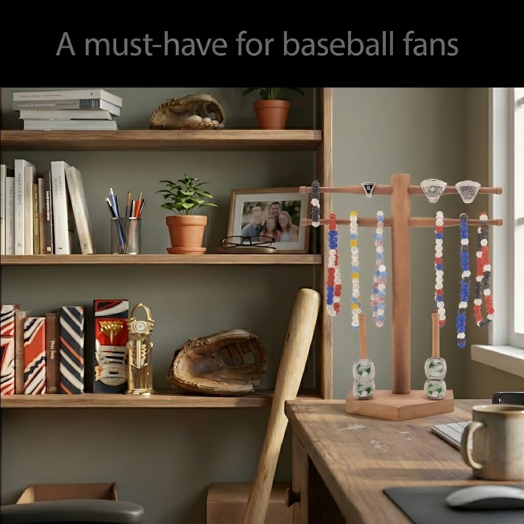 NEW Wooden Baseball & Softball Championship Ring Holder with Drip Necklace Display – Sports Organizer Baseball Gifts for Jewelry & Awards(NO TEXT)