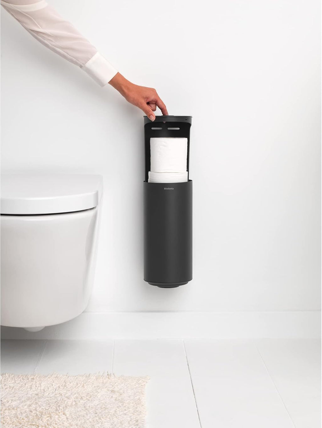 Brabantia Mindset Toilet Roll Dispenser (Mineral Infinite Gray) Anti-Rust, Discreet Bathroom Tissue Holder, 2 Spare Rolls (Ø 5.37") Wall-Mountable Tidy Storage