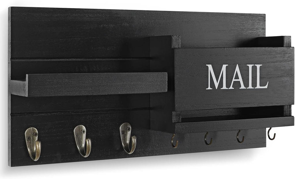 Lwenki Mail Organizer for Wall Mount – Key Holder with Shelf Includes Letter Holder and Hooks for Hallway Farmhouse Decor – Rustic Wood with Flush Mounting Hardware (16.5” x 9.1” x 3.4”) (Black)