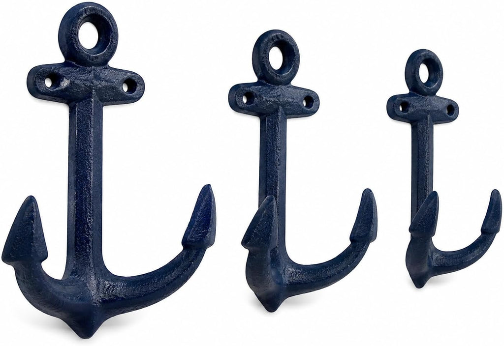 Wowser Nautical Cast Iron Ship Anchor Wall Hooks, 6 Inches, Set of 3 (Blue)