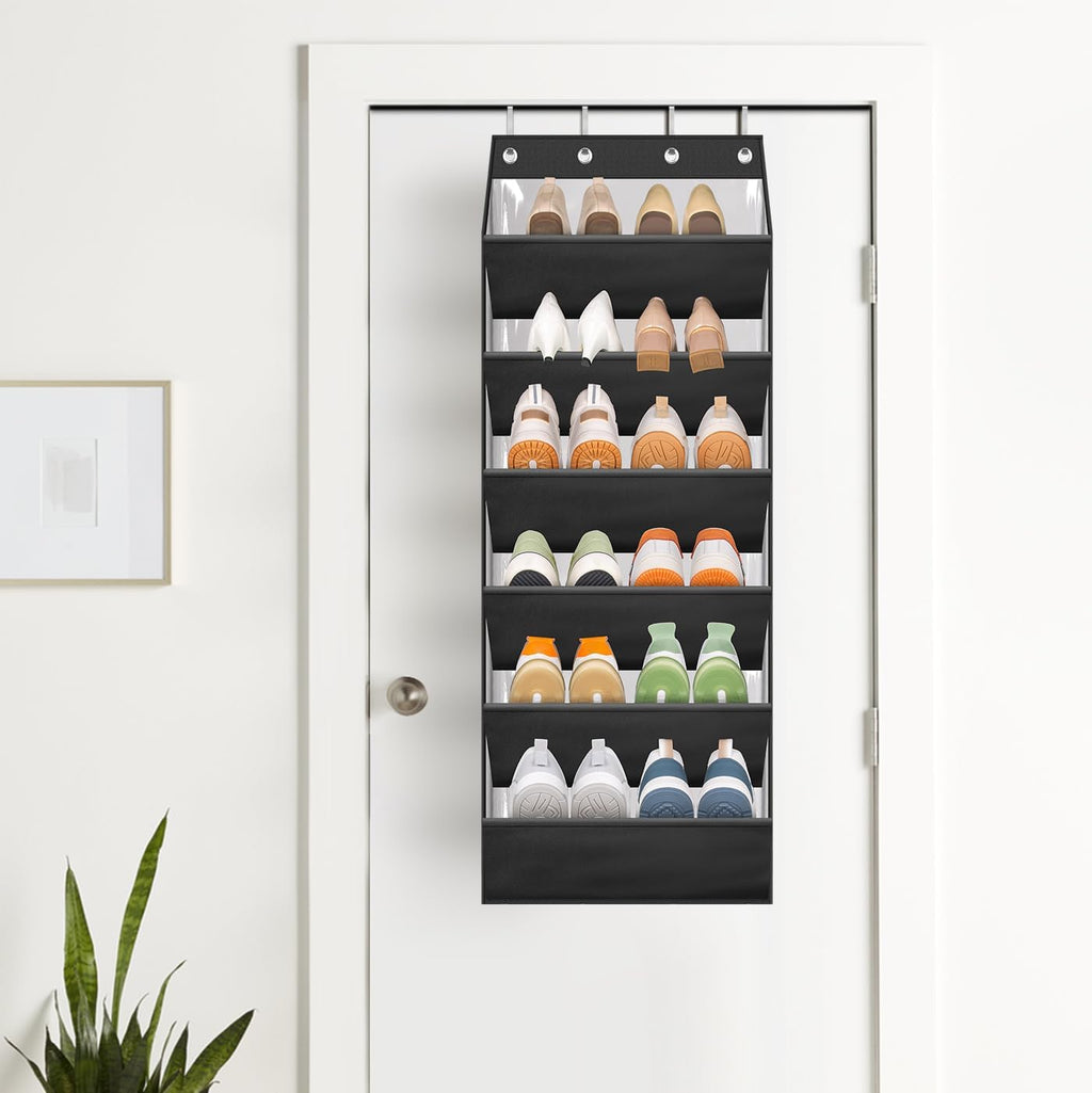 AOODA Clear Over The Door Shoe Organizer Storage Holds 12 Pairs, Narrow Door Hanging Shoe Rack for Closet, Deep Pockets Shoe Holder Hanger for Sneakers, Boots (Black)