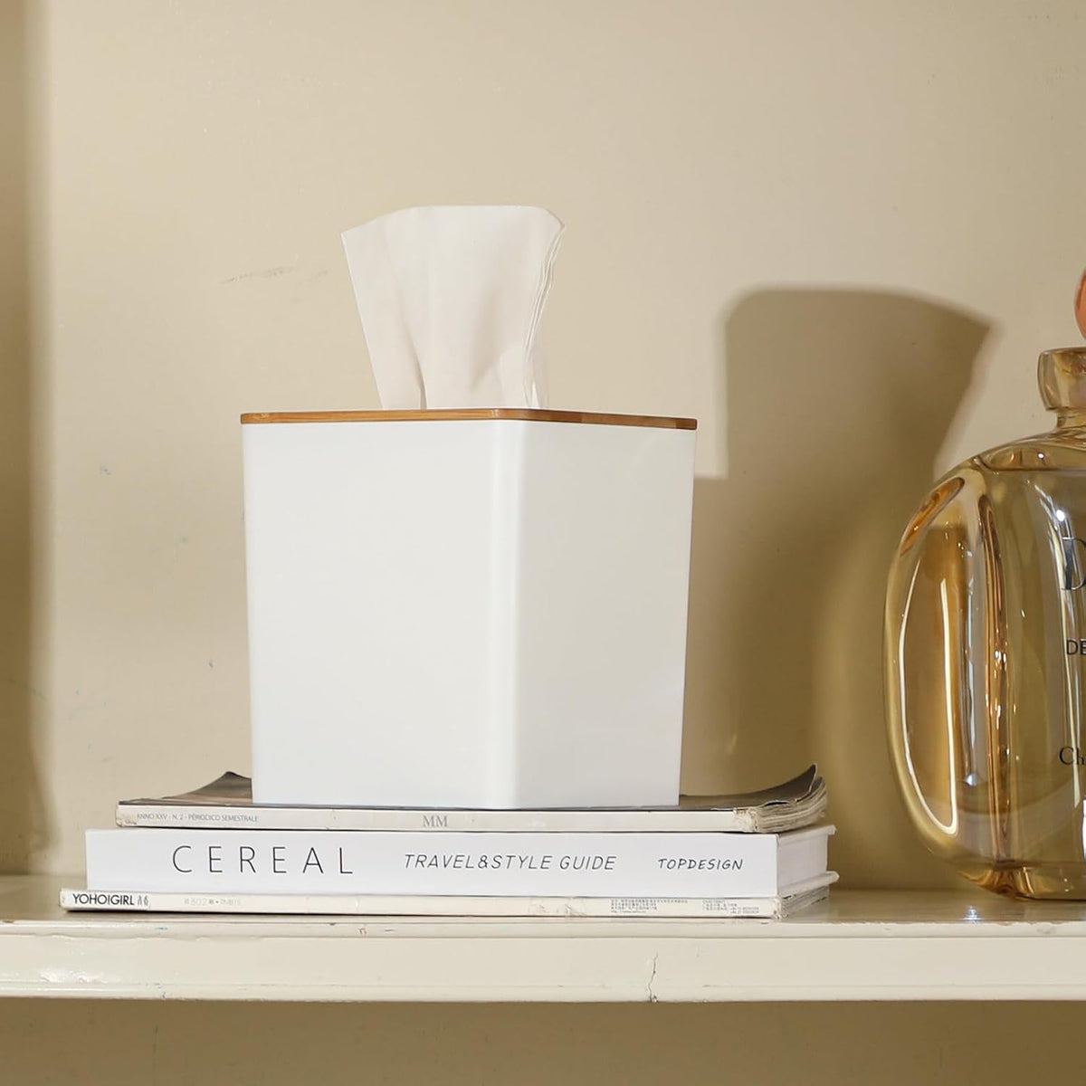 Tissue Box Cover Square, White, with Bamboo Lid, 1 Pack