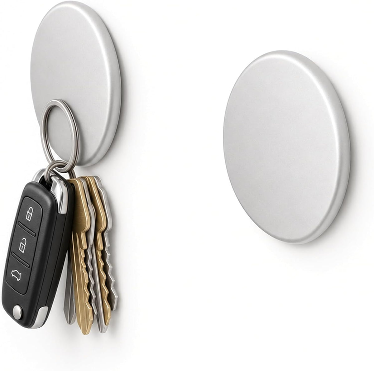 Magnetic Key Holder, 2-Pack Modern Wall Mount Key Hook, Silver Round Metal Key Ring Storage Organizer for Home & Office