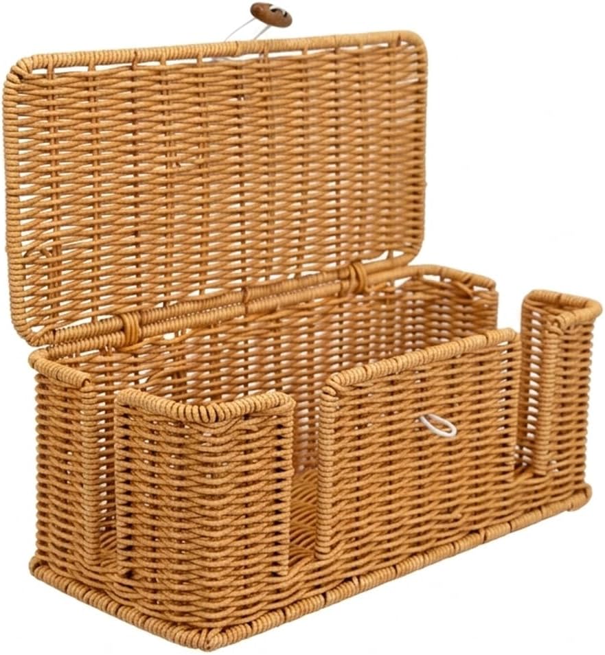 Rattan Cable Management Box, Woven Cord Organizer and Cord Hider with Lid to Hide Power Strips, Aesthetic Wire Hider for Home Office Desk, 13" x 5.91" x 5.12"