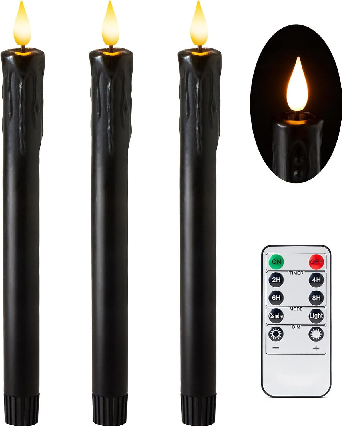 Halloween Decor, Wax Drip Black Flameless Taper Candles with Remote, 3 Pack