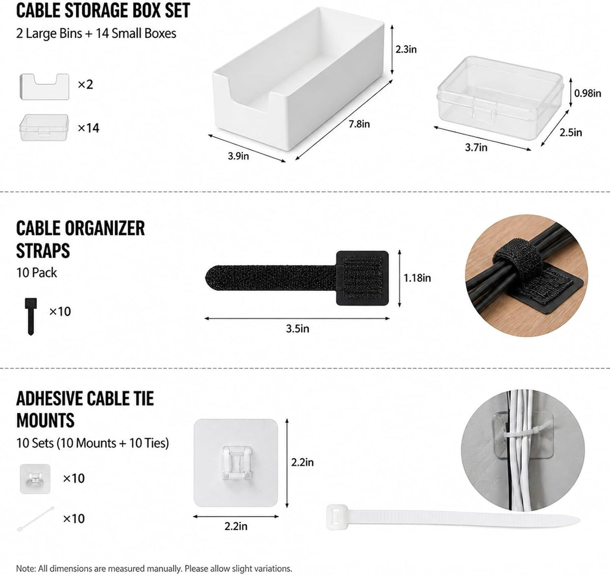 Cable Management Kit - Cable Storage Box - Adhesive Clips - Tie Mounts