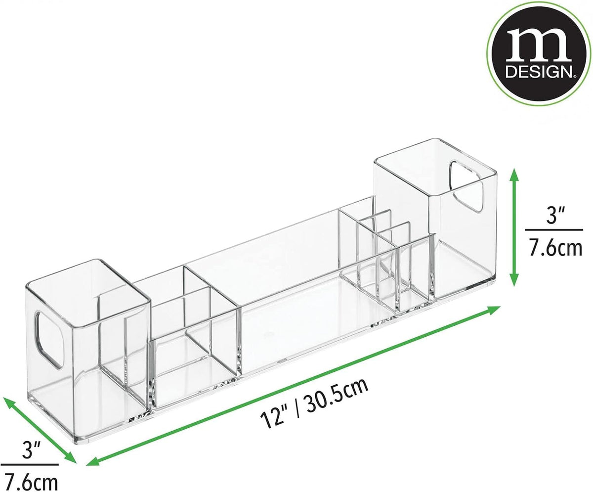 mDesign Plastic Bathroom Medicine Cabinet Organizer with Handles - Divided Vanity Storage Holder/Container for Cotton Swabs, Makeup, Bathroom Essentials/Toiletries, Lumiere Collection, 2 Pack - Clear