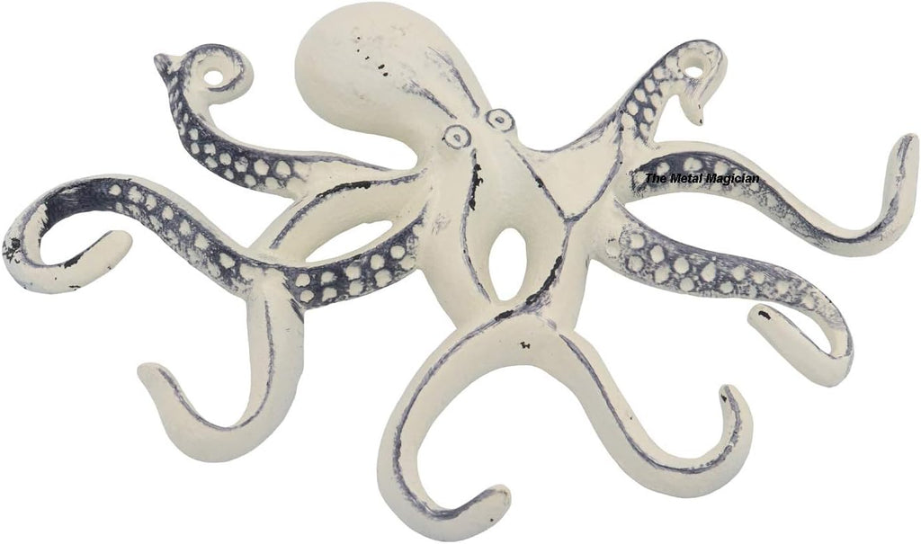 Octopus Keys Hook, Decorative Wall Mounted Nautical Wall Rack, Antique Key Holder Hook, Cast Aluminum Hanger for Coat, Hand Towel, Jacket, Bedroom, Bathroom, Kitchen & Balcony (Distressed Ivory)