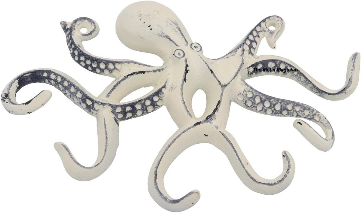Octopus Keys Hook, Decorative Wall Mounted Nautical Wall Rack, Antique Key Holder Hook, Cast Aluminum Hanger for Coat, Hand Towel, Jacket, Bedroom, Bathroom, Kitchen & Balcony (Distressed Ivory)