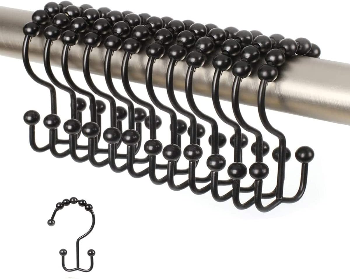 Shower Curtain Hooks Rings, Stainless Steel Double Glide Rollers Extra Wide Shower Curtain Rods Hooks for Bathroom, Set of 18 Hooks - Matte Black