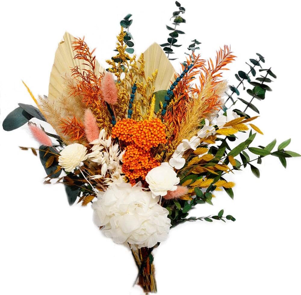 Natural Dried Pampas Grass Dried Bouquet with Orange Millet Flower & White Hydrangea , Fall Flower Arrangement with Green Eucalyptus Leaves,Bohemian DIY Dried Flowers for Wedding, Home& Office Decor