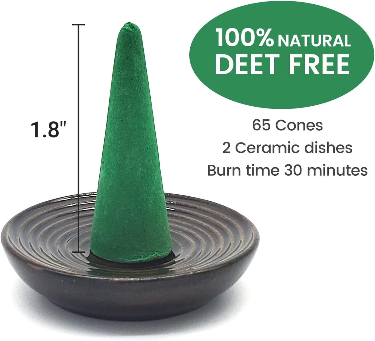 Citronella Incense Cones with Ceramic Dishes | Made with Plant-Based Ingredients | Citronella | Lemongrass Oil | Rosemary Oil | Suitable for Indoor and Outdoor Use (65 Cones)