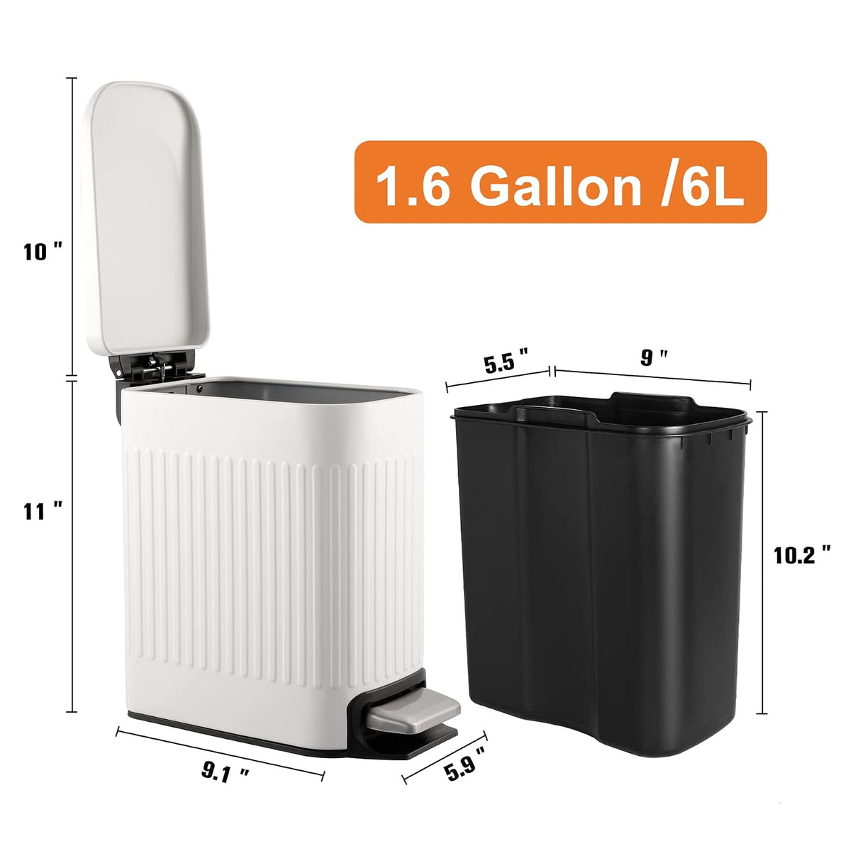 TrashAid Slim Bathroom Trash Can with Lid Soft Close & Pedal, 1.6Gal, White