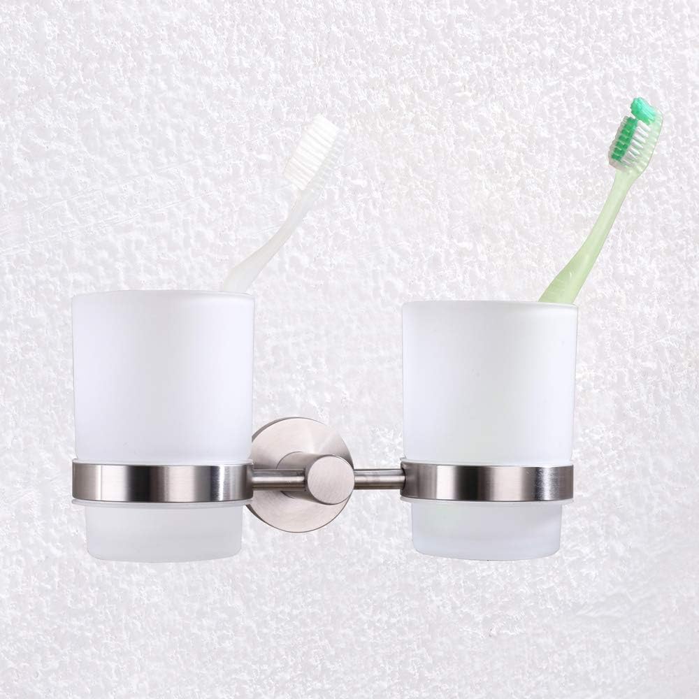 Angle Simple Double Toothbrush Holder Brushed Nickel, 2 Frosted Glass Cups