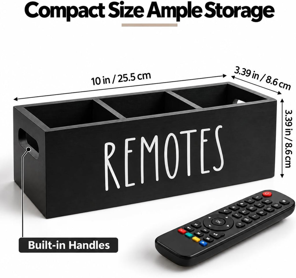 Wooden Remote Control Holder 3 Slots - Farmhouse TV Remote Caddy for Table, Nightstand, Living Room - Solid Wood Organizer Box, Black