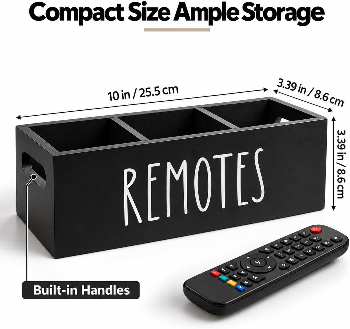 Wooden Remote Control Holder 3 Slots - Farmhouse TV Remote Caddy for Table, Nightstand, Living Room - Solid Wood Organizer Box, Black