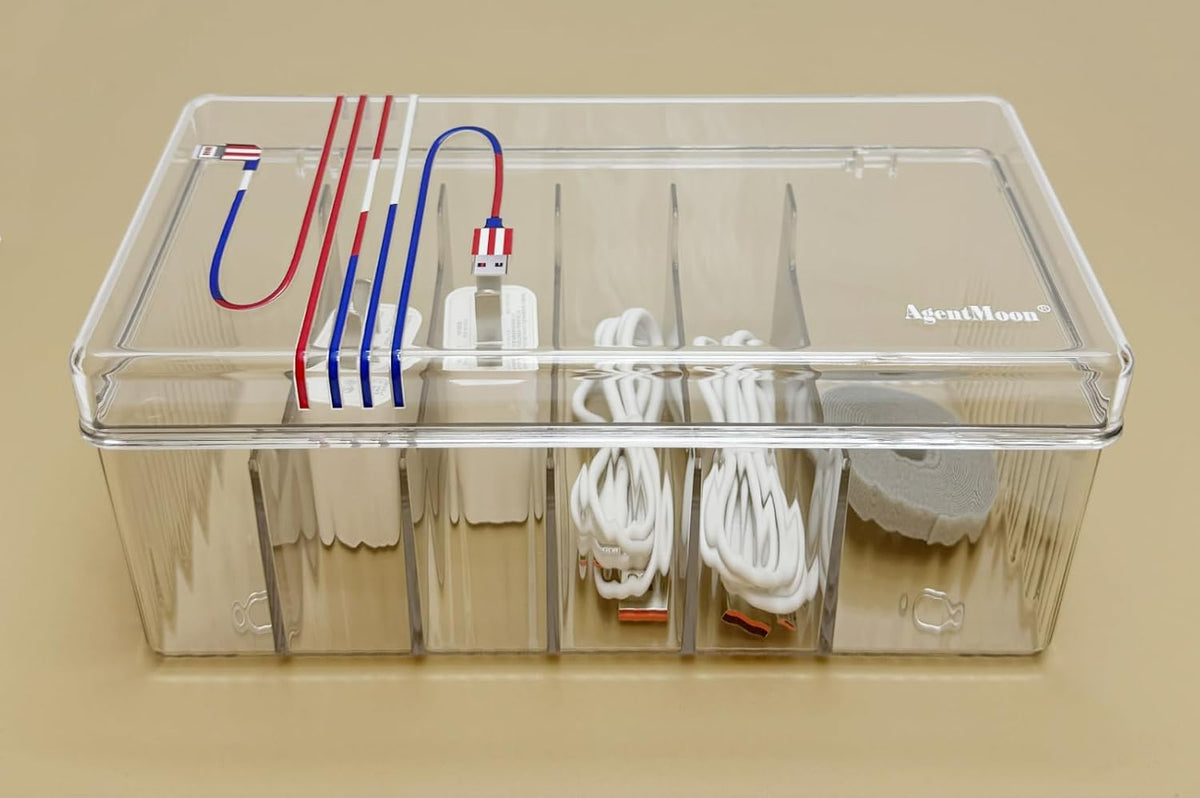 AgentMoon Clear Acrylic Cable Organizer Box with Lid, 1PCS