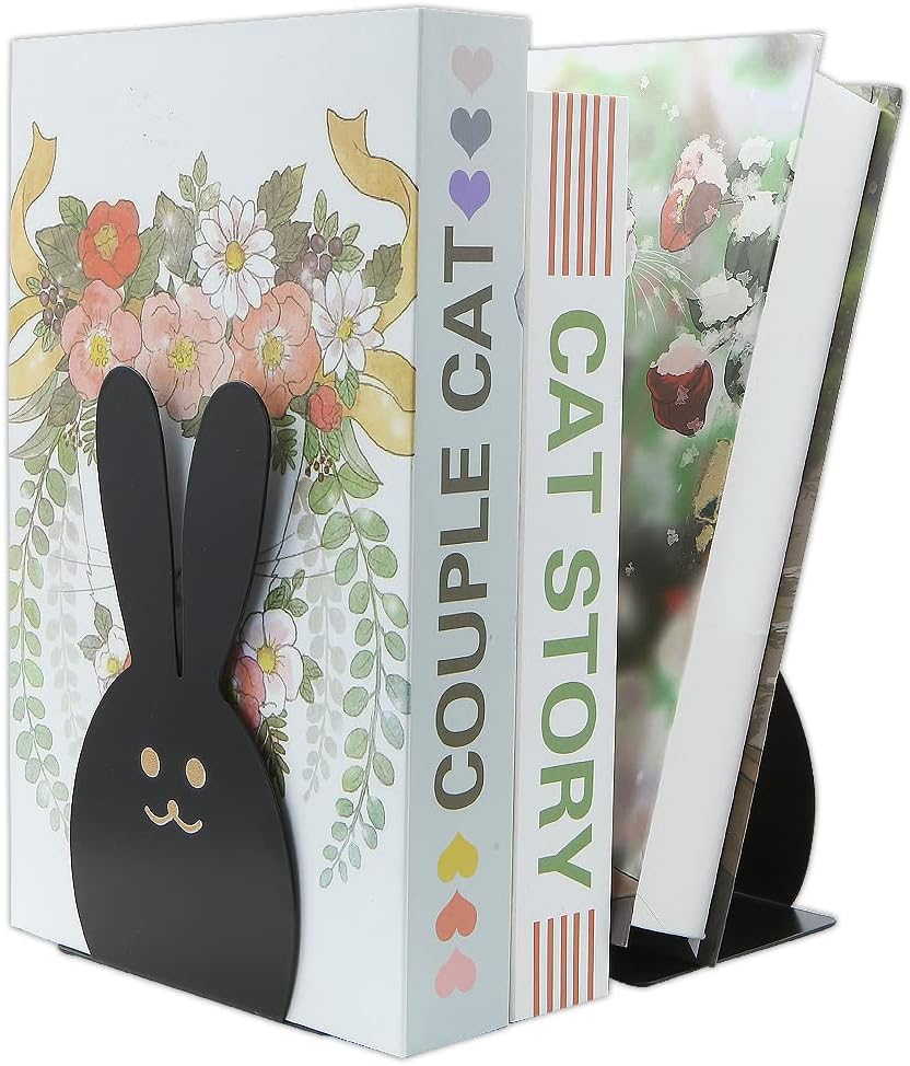 Lovely Bunny Bookends Rabbit Long Ears Metal Kid Bookends Student Book Ends Metal Office Desk School Library Decoration Bookshelf Book Organizer for Easter Christmas Birthday Kids Gift (Black)