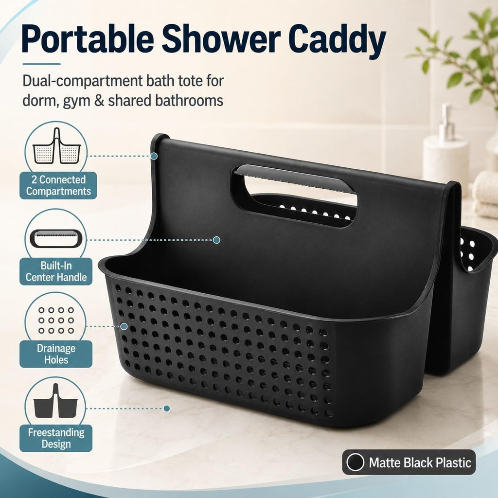 NINU Black Portable Shower Caddy Basket, 2-Compartment Storage Organizer