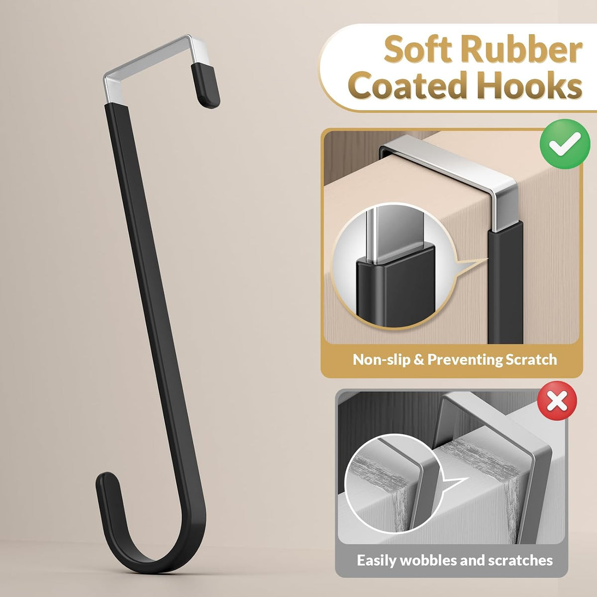 Over the Door Hooks, 4 Pack Heavy Door Hanger Hooks with Non-Slip Rubber, Over Door Hanger for Towels, Coats, Bags, Space Saving Door Coat Hanger for Living Room,Bathroom, Bedroom (Black, Long)