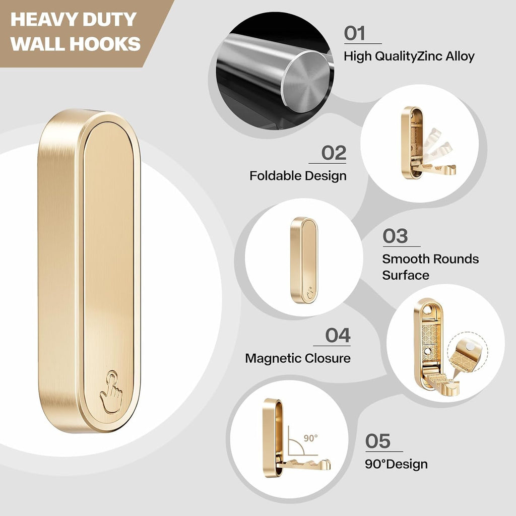 Folding Coat Hooks, Zinc Alloy Foldable Gold Wall Hooks Heavy Duty Bathroom Towel Hooks Flip Down Towel Hooks for Hanging Coat Towels Clothes Hat Bags Keys 2 Pack (6, Golden)