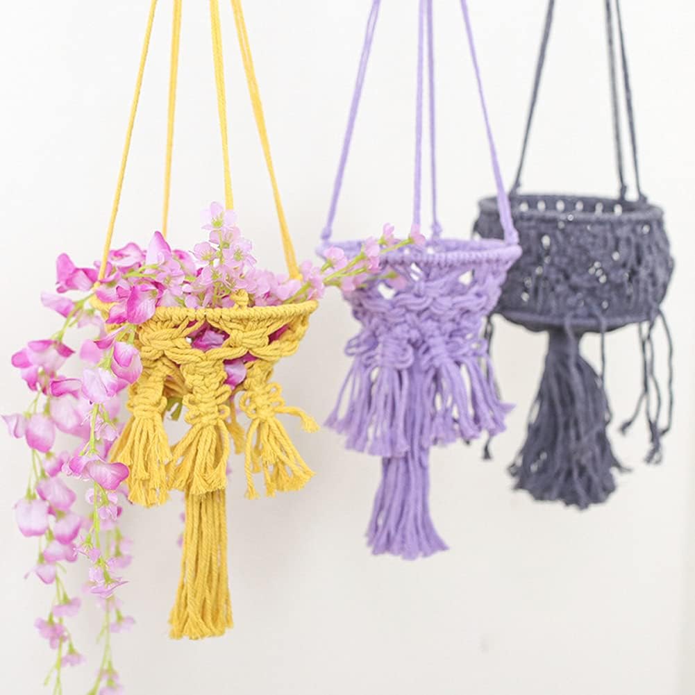 Macrame Plant Hangers with Tassels Indoor Hanging Planters Basket Handmade Cotton Rope Flower Pots Holder Stand Boho Home Decor Outdoor Decorations Round Yellow