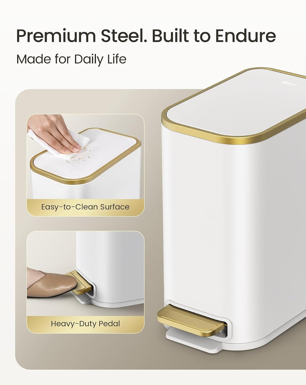 Cesun Small Bathroom Trash Can with Gold Grimmed Lid & Pedal, 1.3Gal, White