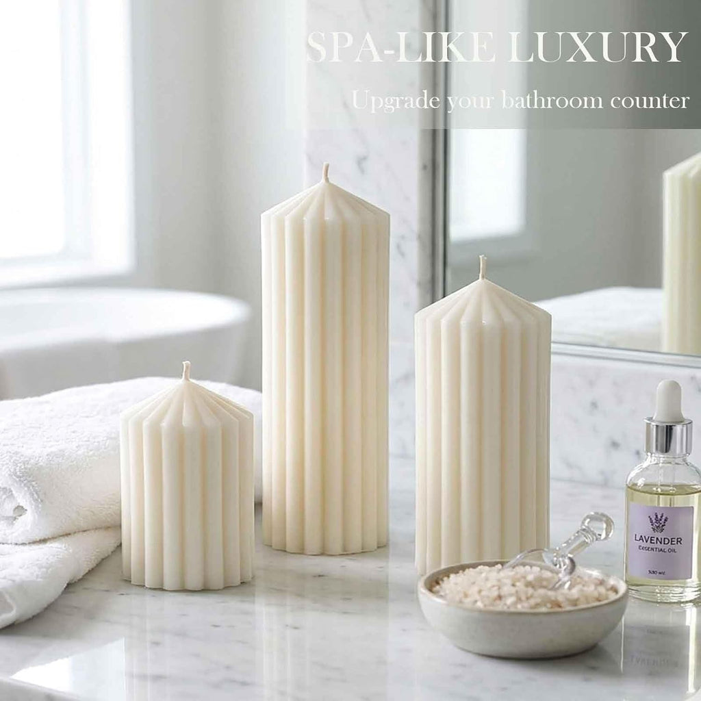 Cream White Ribbed Decorative Pillar Candles, 3 Pack,2.8 x 4/6/8 in,Soy Wax